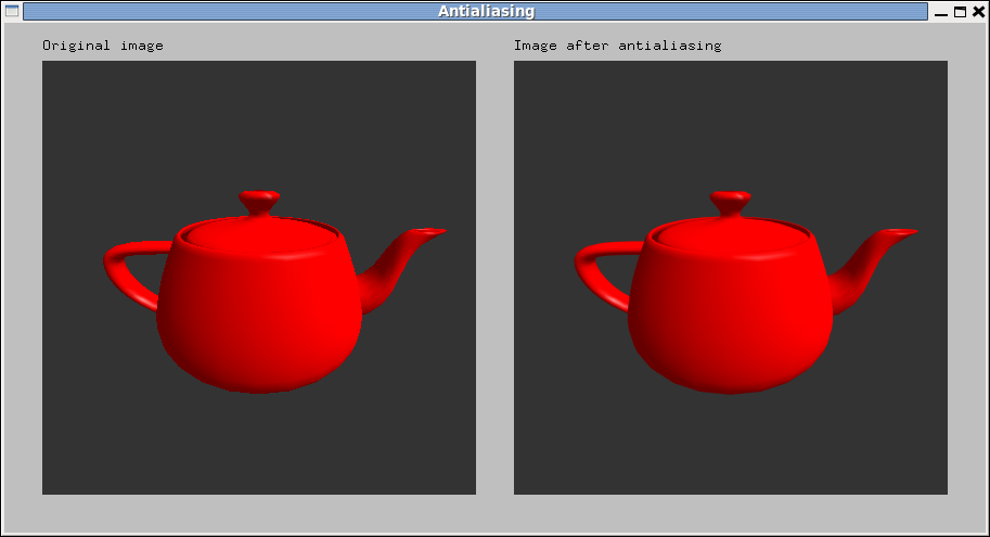 Red teapot, with (on the left) and without (on the right) the recommended frustum jitter anti-aliasing